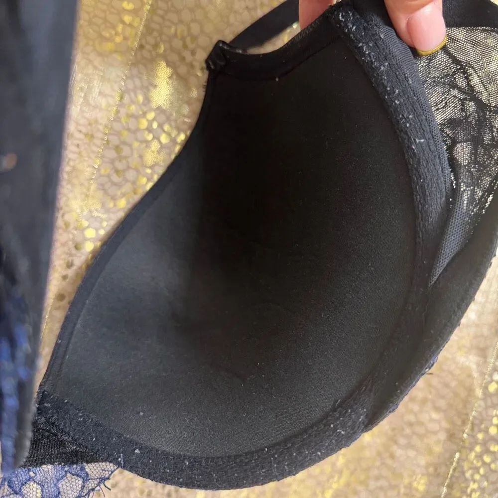 Victorias Secret Very Sexy Pushup Navy Blue Black Lace Rhinestone Bra 38DD